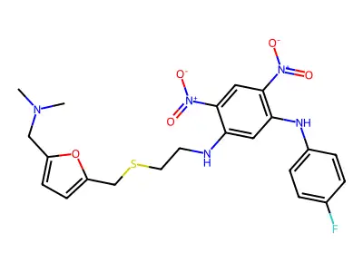 1,3-Benzenediamine, N-(2-(((5-((dimethylamino)methyl)-2-furanyl)methyl)thio)ethyl)-4,6-dinitro-N'-(4-fluorophenyl)- structure