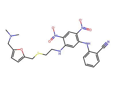 Benzonitrile, 2-((5-((2-(((5-((dimethylamino)methyl)-2-furanyl)methyl)thio)ethyl)amino)-2,4-dinitrophenyl)amino)- structure