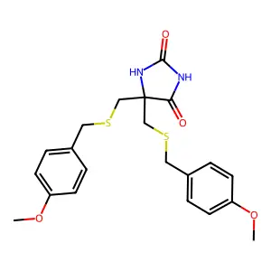 5,5-Bis((((4-methoxyphenyl)methyl)thio)methyl)-2,4-imidazolidinedione structure