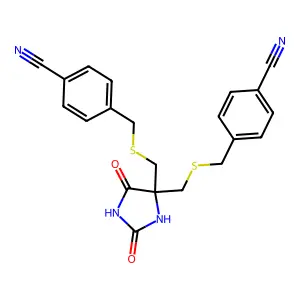 5,5-Bis((((4-cyanophenyl)methyl)thio)methyl)-2,4-imidazolidinedione structure