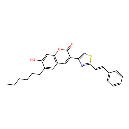 6-hexyl-7-hydroxy-3-{2-[(E)-2-phenylethenyl]-1,3-thiazol-4-yl}-2H-chromen-2-one structure