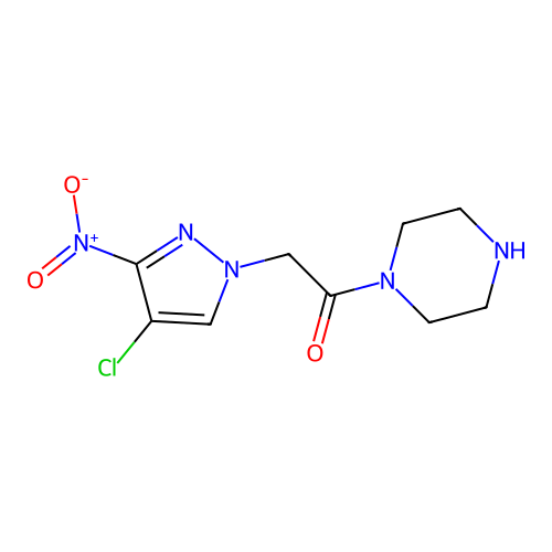 2-(4-chloro-3-nitro-1H-pyrazol-1-yl)-1-(piperazin-1-yl)ethanone structure