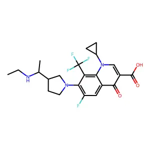3-Quinolinecarboxylic acid, 1-cyclopropyl-7-[3-[1-(ethylamino)ethyl]-1-pyrrolidinyl]-6-fluoro-1,4-dihydro-4-oxo-8-(trifluoromethyl)-, [R-(R*,R*)]- structure
