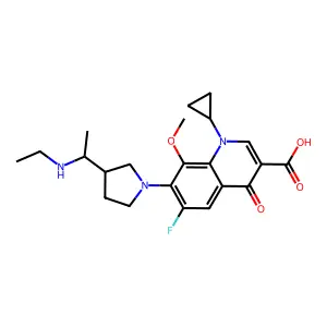 (R-(R,R))-1-Cyclopropyl-7-(3-(1-(ethylamino)ethyl)-1-pyrrolidinyl)-6-fluoro-1,4-dihydro-8-methoxy-4-oxo-3-quinolinecarboxylic acid structure