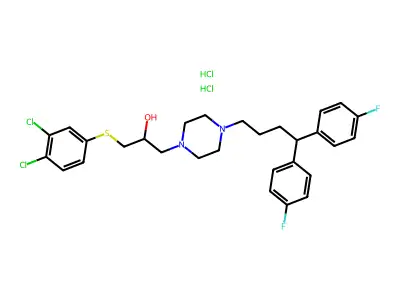 1-Piperazineethanol, 4-(4,4-bis(4-fluorophenyl)butyl)-alpha-(((3,4-dichlorophenyl)thio)methyl)-, dihydrochloride structure
