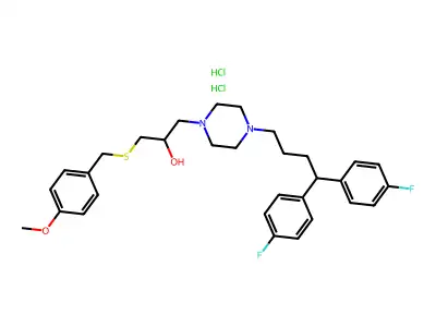1-Piperazineethanol, 4-(4,4-bis(4-fluorophenyl)butyl)-alpha-((((4-methoxyphenyl)methyl)thio)methyl)-, dihydrochloride structure