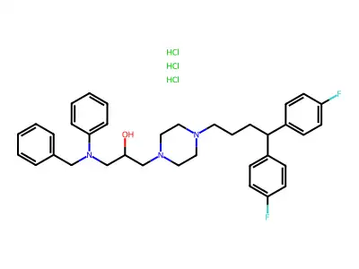 1-Piperazineethanol, 4-(4,4-bis(4-fluorophenyl)butyl)-alpha-((phenyl(phenylmethyl)amino)methyl)-, trihydrochloride structure