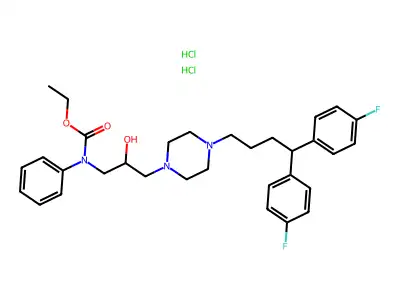 Carbamic acid, (3-(4-(4,4-bis(4-fluorophenyl)butyl)-1-piperazinyl)-2-hydroxypropyl)phenyl-, ethyl ester, dihydrochloride structure