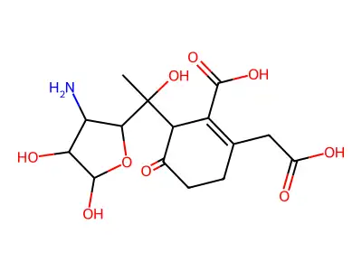 3-amino-5-C-(3-carboxy-4-(carboxymethyl)-2-oxo-3-cyclohexen-1-yl)altrofuranose structure