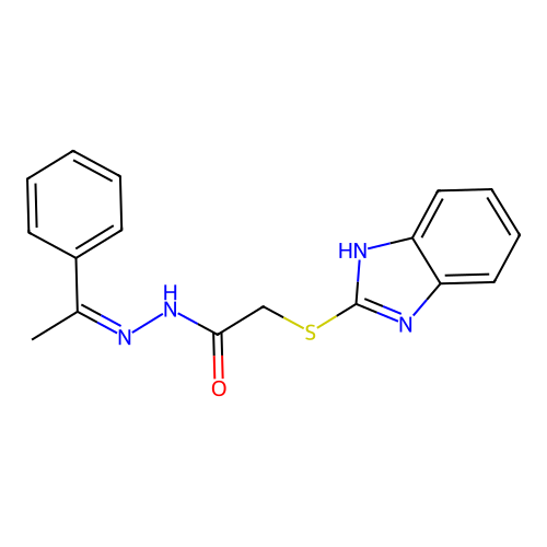 (Z)-2-((1H-benzo[d]imidazol-2-yl)thio)-N'-(1-phenylethylidene)acetohydrazide structure