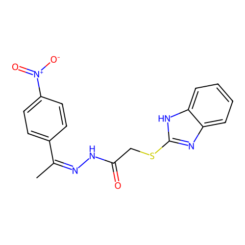 (Z)-2-((1H-benzo[d]imidazol-2-yl)thio)-N'-(1-(4-nitrophenyl)ethylidene)acetohydrazide structure