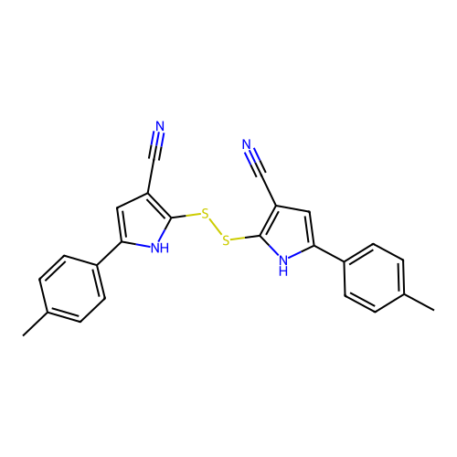 2,2'-disulfanediylbis(5-(p-tolyl)-1H-pyrrole-3-carbonitrile) structure
