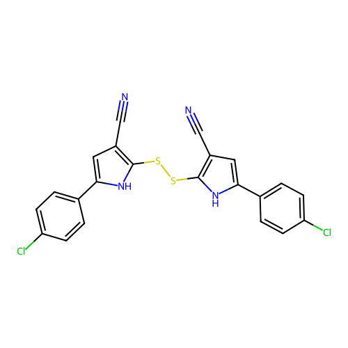 2,2'-disulfanediylbis(5-(4-chlorophenyl)-1H-pyrrole-3-carbonitrile) structure