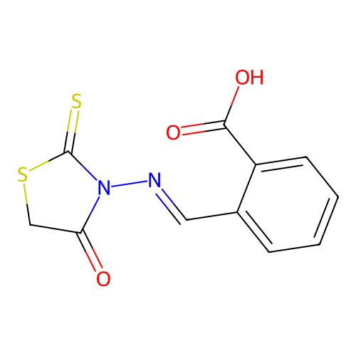 2-[(E)-(4-oxo-2-sulfanylidene-1,3-thiazolidin-3-yl)iminomethyl]benzoic acid structure