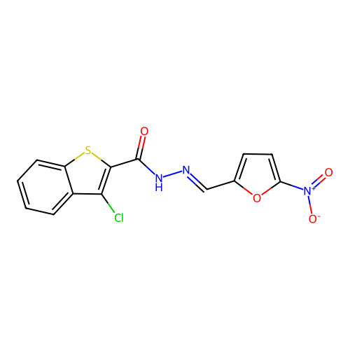 3-chloro-N'-[(5-nitro-2-furyl)methylene]-1-benzo[b]thiophene-2-carbohydrazide structure