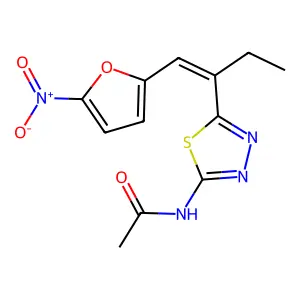 N-(5-(1-(5-nitrofuran-2-yl)but-1-en-2-yl)-1,3,4-thiadiazol-2-yl)acetamide structure