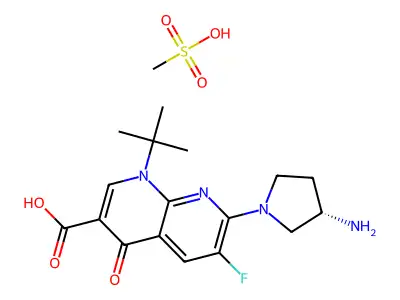 1,8-Naphthyridine-3-carboxylic acid, 1,4-dihydro-7-(3-amino-1-pyrrolidinyl)-1-(1,1-dimethylethyl)-6-fluoro-4-oxo-, (S)-, monomethanesulfonate structure