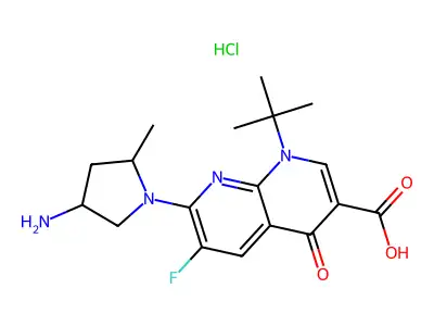 1,8-Naphthyridine-3-carboxylic acid, 1,4-dihydro-7-(4-amino-2-methyl-1-pyrrolidinyl)-1-(1,1-dimethylethyl)-6-fluoro-4-oxo-, monohydrochloride, (3S-trans)- structure