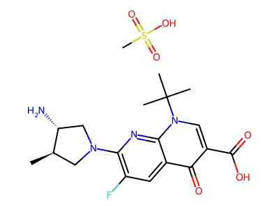 1,8-Naphthyridine-3-carboxylic acid, 1,4-dihydro-7-(3-amino-4-methyl-1-pyrrolidinyl)-1-(1,1-dimethylethyl)-6-fluoro-4-oxo-, (3S-trans)-, monomethanesulfonate structure