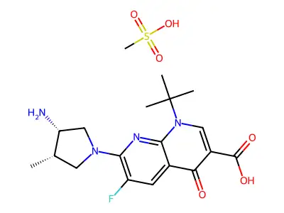 1,8-Naphthyridine-3-carboxylic acid, 1,4-dihydro-7-(3-amino-4-methyl-1-pyrrolidinyl)-1-(1,1-dimethylethyl)-6-fluoro-4-oxo-, (3S-cis)-, monomethanesulfonate structure