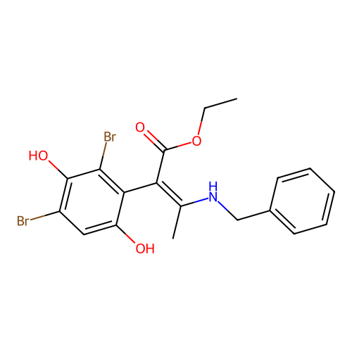 ethyl (2Z)-3-(benzylamino)-2-(2,4-dibromo-3,6-dihydroxyphenyl)but-2-enoate structure