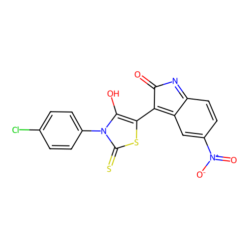 (Z)-3-(4-chlorophenyl)-5-(5-nitro-2-oxoindolin-3-ylidene)-2-thioxothiazolidin-4-one structure