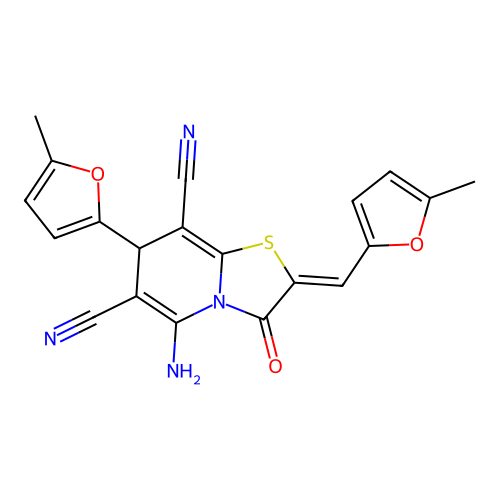 (Z)-5-amino-7-(5-methylfuran-2-yl)-2-((5-methylfuran-2-yl)methylene)-3-oxo-3,7-dihydro-2H-thiazolo[3,2-a]pyridine-6,8-dicarbonitrile structure