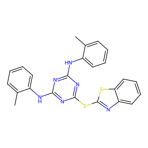 6-(1,3-BENZOTHIAZOL-2-YLSULFANYL)-N2,N4-BIS(2-METHYLPHENYL)-1,3,5-TRIAZINE-2,4-DIAMINE structure