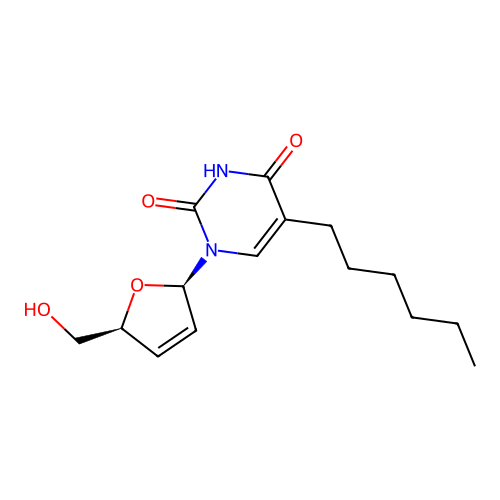 5-hexyl-1-[(2R,5S)-5-(hydroxymethyl)-2,5-dihydrofuran-2-yl]pyrimidine-2,4-dione structure