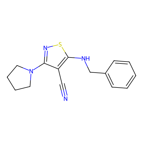 5-(Benzylamino)-3-(1-pyrrolidinyl)-4-isothiazolecarbonitrile structure