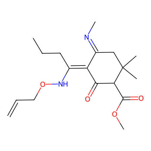 methyl (5Z)-2,2-dimethyl-4-methylimino-6-oxo-5-[1-(prop-2-enoxyamino)butylidene]cyclohexane-1-carboxylate structure