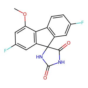 (4'R)-2,7-Difluoro-4-methoxyspiro(9H-fluorene-9,4'-imidazolidine)-2',5'-dione structure