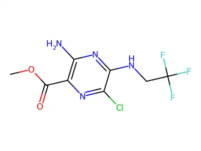Pyrazinecarboxylic acid, 3-amino-6-chloro-5-((2,2,2-trifluoroethyl)amino)-, methyl ester structure