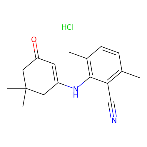 2-((5,5-dimethyl-3-oxocyclohex-1-en-1-yl)amino)-3,6-dimethylbenzonitrile hydrochloride structure