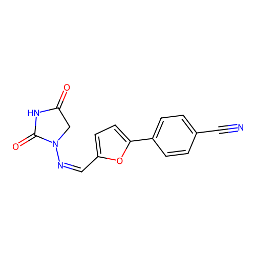 4-[5-[(Z)-(2,4-dioxoimidazolidin-1-yl)iminomethyl]furan-2-yl]benzonitrile structure