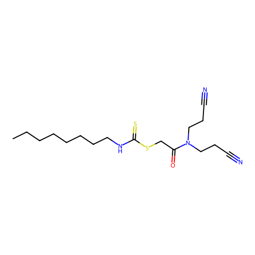 2-(Bis(2-cyanoethyl)amino)-2-oxoethyl octyldithiocarbamate structure