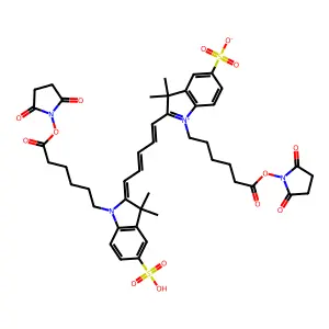 1-[6-(2,5-dioxopyrrolidin-1-yl)oxy-6-oxohexyl]-2-[5-[1-[6-(2,5-dioxopyrrolidin-1-yl)oxy-6-oxohexyl]-3,3-dimethyl-5-sulfoindol-1-ium-2-yl]penta-2,4-dienylidene]-3,3-dimethylindole-5-sulfonic acid structure