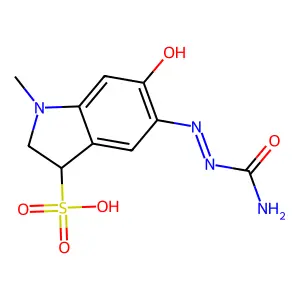 5-(Carbamoyldiazenyl)-6-hydroxy-1-methyl-2,3-dihydroindole-3-sulfonic acid structure