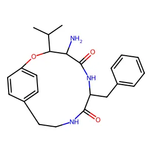 2-Oxa-6,9-diazabicyclo[10.2.2]hexadeca-12,14,15-triene-5,8-dione, 4-amino-7-benzyl-3-isopropyl- structure