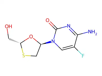 alpha-L-(+)-(2R,5R)-5-Fluoro-1-(2-(hydroxymethyl)-1,3-oxathiolan-5-yl)cytosine structure