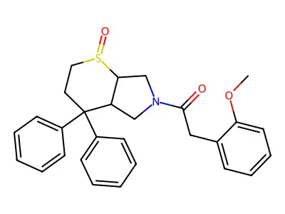 Thiopyrano(2,3-c)pyrrole, octahydro-4,4-diphenyl-6-((2-methoxyphenyl)acetyl)-, 1-oxide, (1-alpha,4a-alpha,7a-alpha)-(+-)- structure