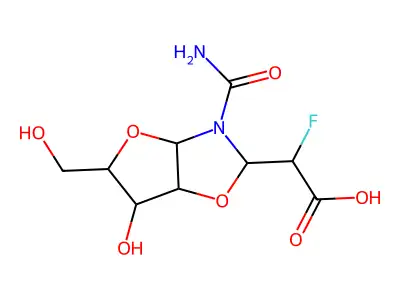 2-[3-carbamoyl-6-hydroxy-5-(hydroxymethyl)-3a,5,6,6a-tetrahydro-2H-furo[2,3-d][1,3]oxazol-2-yl]-2-fluoroacetic acid structure