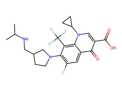 1-cyclopropyl-6-fluoro-4-oxo-7-[3-[(propan-2-ylamino)methyl]pyrrolidin-1-yl]-8-(trifluoromethyl)quinoline-3-carboxylic acid structure