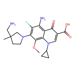5-Amino-7-(3-(aminomethyl)-3-methyl-1-pyrrolidinyl)-1-cyclopropyl-6-fluoro-1,4-dihydro-8-methoxy-4-oxo-3-quinolinecarboxylic acid structure
