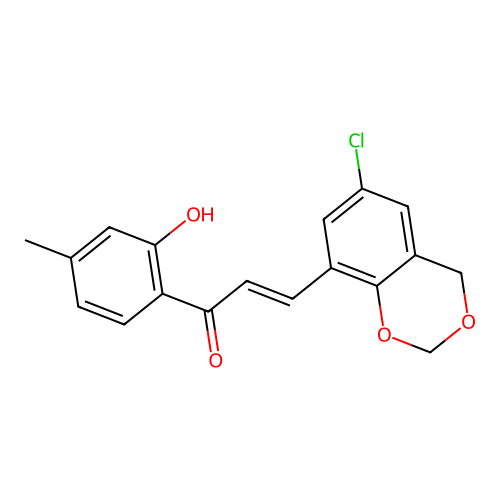 (2E)-3-(6-chloro-4H-1,3-benzodioxin-8-yl)-1-(2-hydroxy-4-methylphenyl)prop-2-en-1-one structure