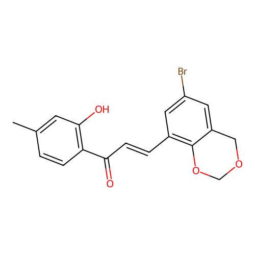 (2E)-3-(6-bromo-4H-1,3-benzodioxin-8-yl)-1-(2-hydroxy-4-methylphenyl)prop-2-en-1-one structure