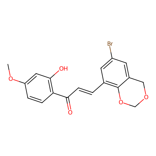 (2E)-3-(6-bromo-4H-1,3-benzodioxin-8-yl)-1-(2-hydroxy-4-methoxyphenyl)prop-2-en-1-one structure