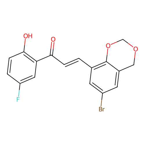 (E)-3-(6-bromo-4H-1,3-benzodioxin-8-yl)-1-(5-fluoro-2-hydroxyphenyl)prop-2-en-1-one structure