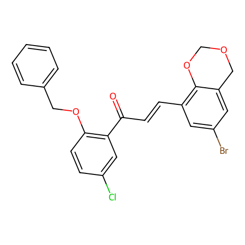 (2E)-1-[2-(benzyloxy)-5-chlorophenyl]-3-(6-bromo-4H-1,3-benzodioxin-8-yl)prop-2-en-1-one structure