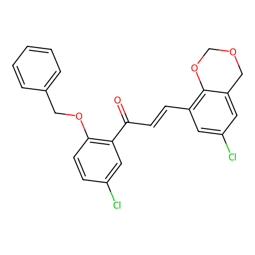 (E)-1-(2-(benzyloxy)-5-chlorophenyl)-3-(6-chloro-4H-benzo[d][1,3]dioxin-8-yl)prop-2-en-1-one structure